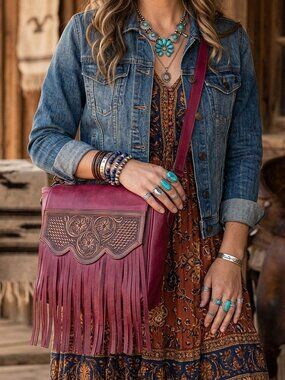 Magenta Western Fringe Leather Crossbody Bag